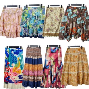 古着vintageA7复古波西米亚风印花拼接半身裙女A字百搭中长裙伞裙