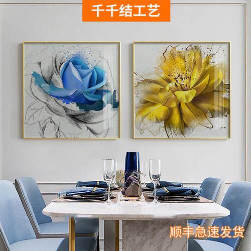 现轻奢餐厅装饰挂画北欧风玄关晶瓷画卧室客厅挂式壁画富贵如花