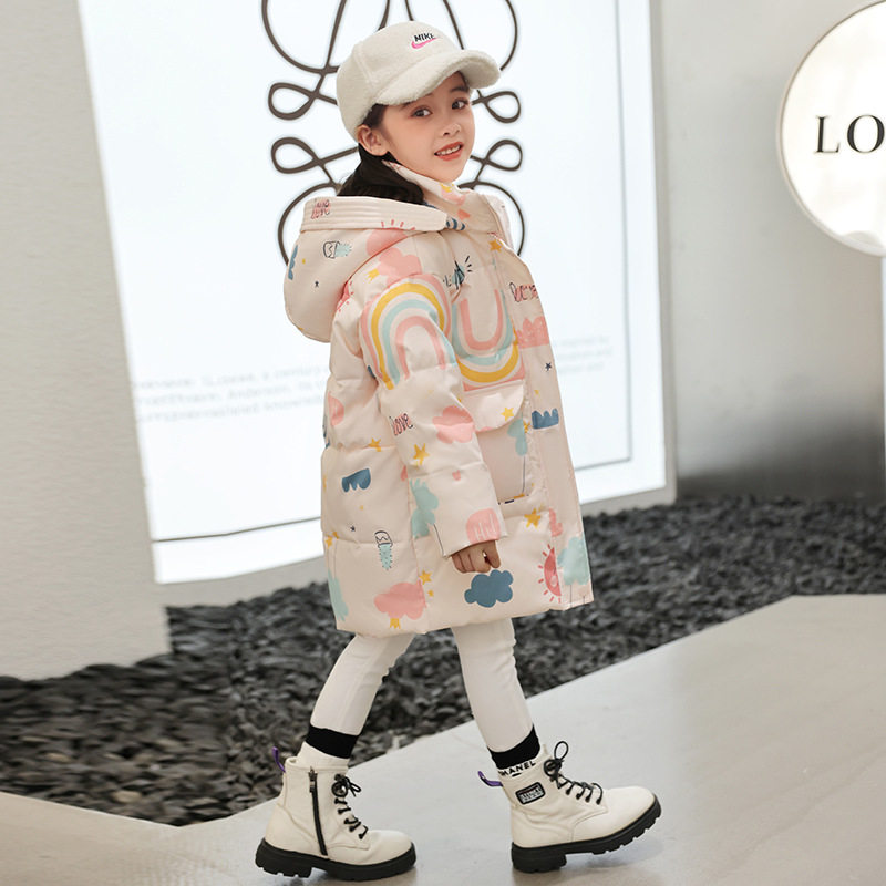 鸭鸭冬季儿童羽绒服女童中长款鸭绒连帽女孩中小童洋气外套3-8岁