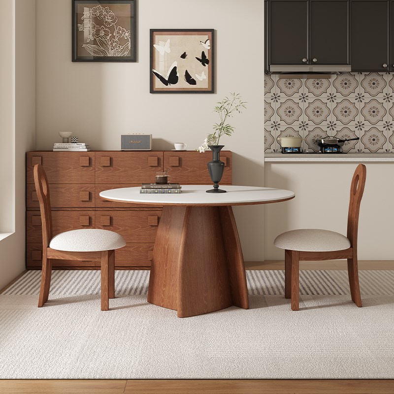 中古风法式复古实木岩板餐桌椅组合E客厅家用小户型省空间圆桌饭