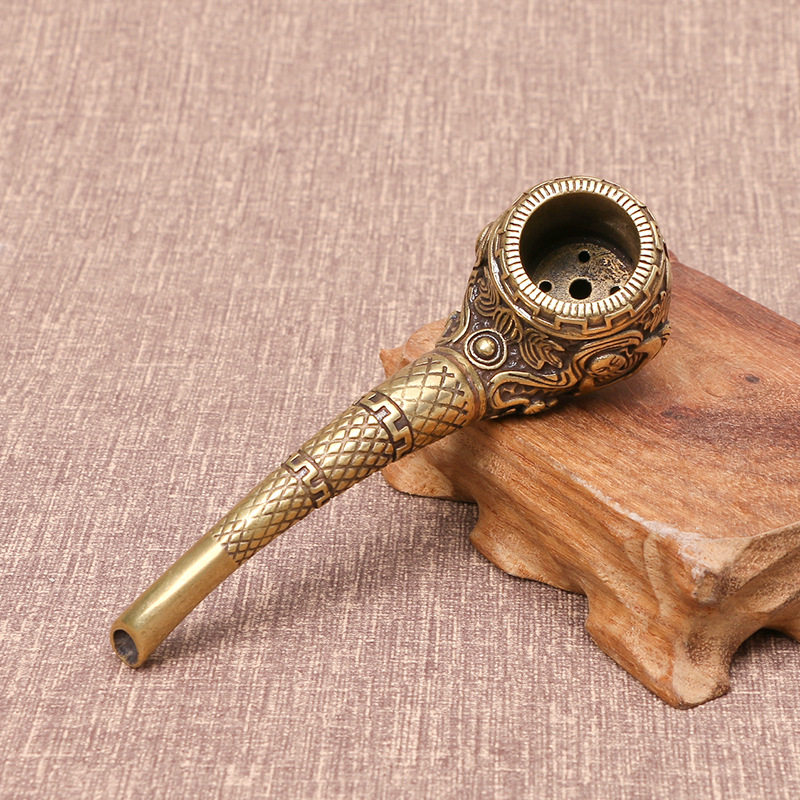 仿古黄铜佛缘烟斗精匠佛雕老式传统大号铜烟器烟枪工艺品收藏摆件