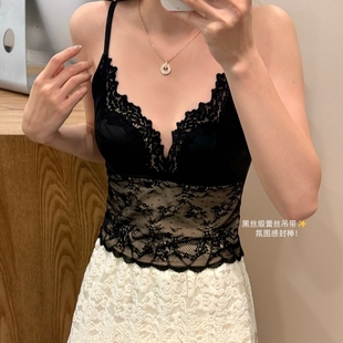 法式性感蕾丝缎面吊带背心女秋冬带胸垫免穿文胸美背保暖打底上衣