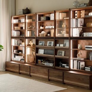 书房实木组合书柜客厅黑胡桃木满墙展示柜玻璃防尘落地卡座储物柜