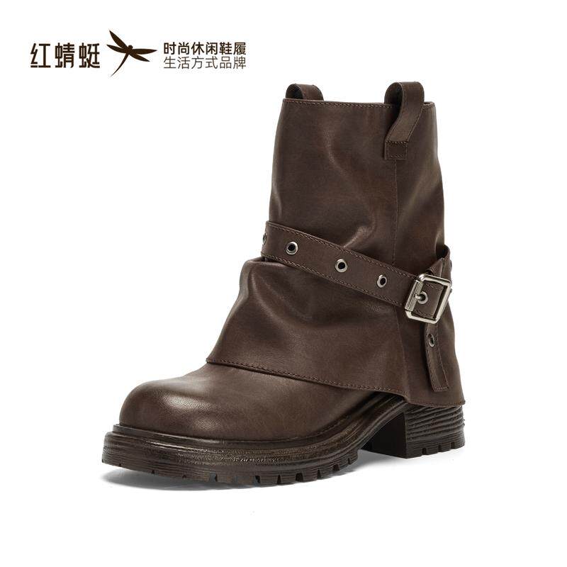 红蜻蜓正品商场同款女马丁靴粗跟