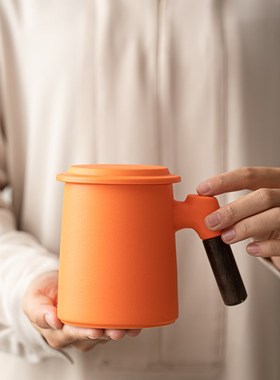陶瓷马克杯咖啡杯勺子橙色办公杯带手柄小众设计感水杯可定制logo