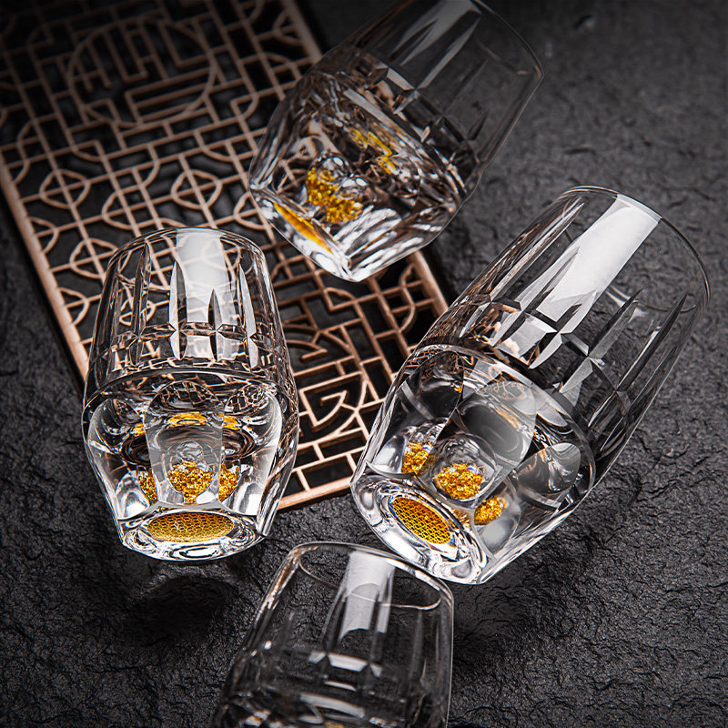 金箔刻花一两白酒杯套装家用水晶小盏酒具精致中式分酒器品酒口杯