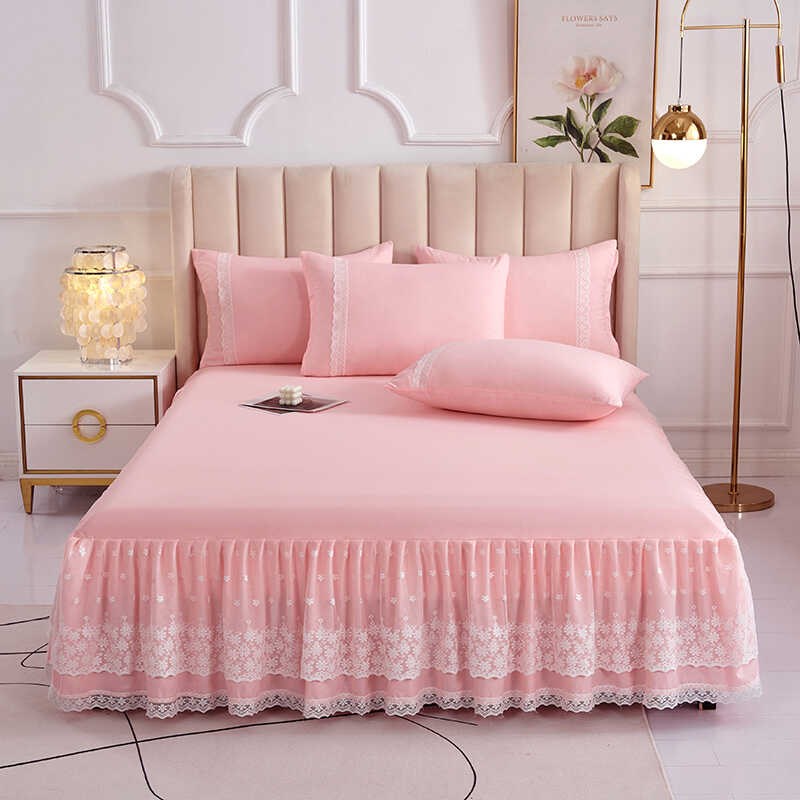 新款蕾丝花边床裙单件三件套韩式公主风亲肤纯色防滑床套床单床罩
