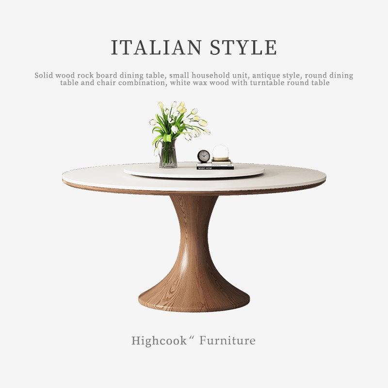中古风白蜡木岩板圆餐桌小户型复古简约家用小蛮腰带转盘实木圆桌