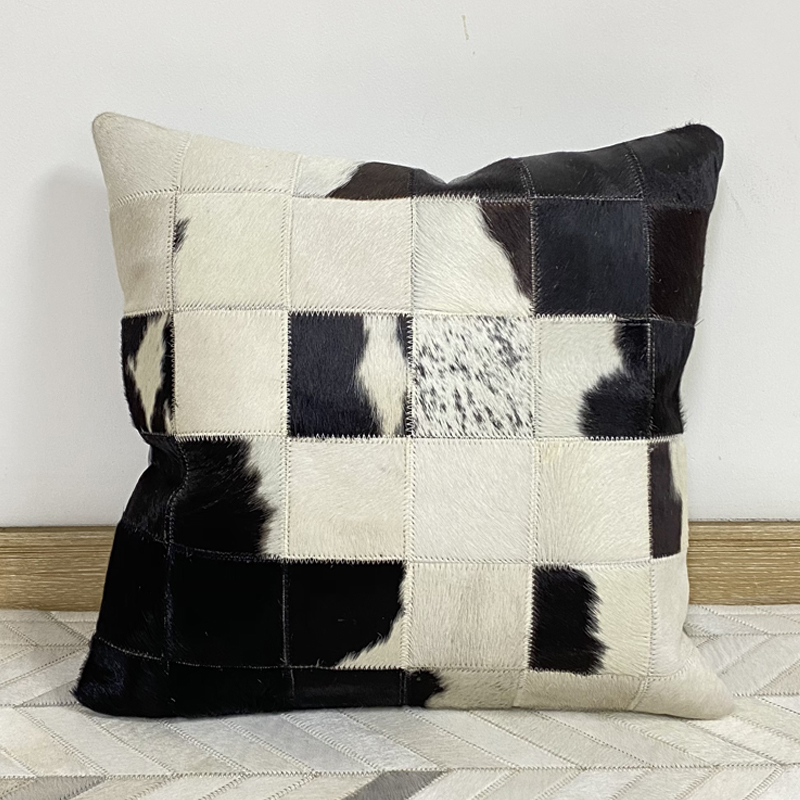 现代轻奢风黑白格子牛皮抱枕真皮靠垫靠枕北欧简约客X厅沙发样板