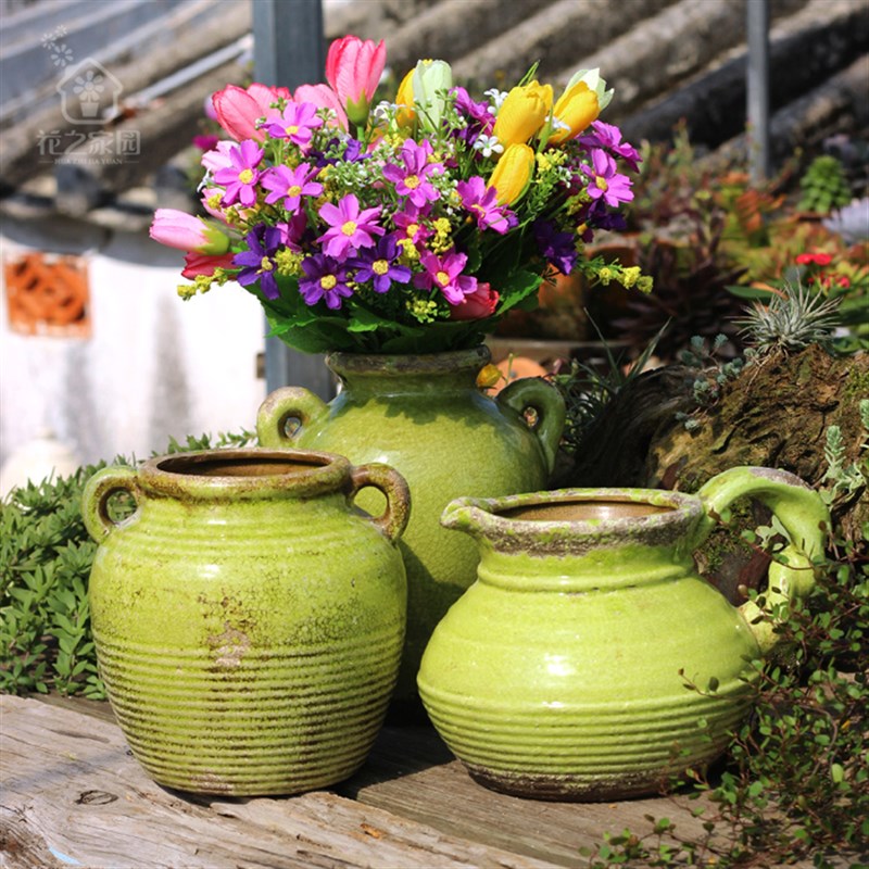 花园装饰b欧式复古花罐做旧家居花插多肉老桩花盆阳台客厅摆件花