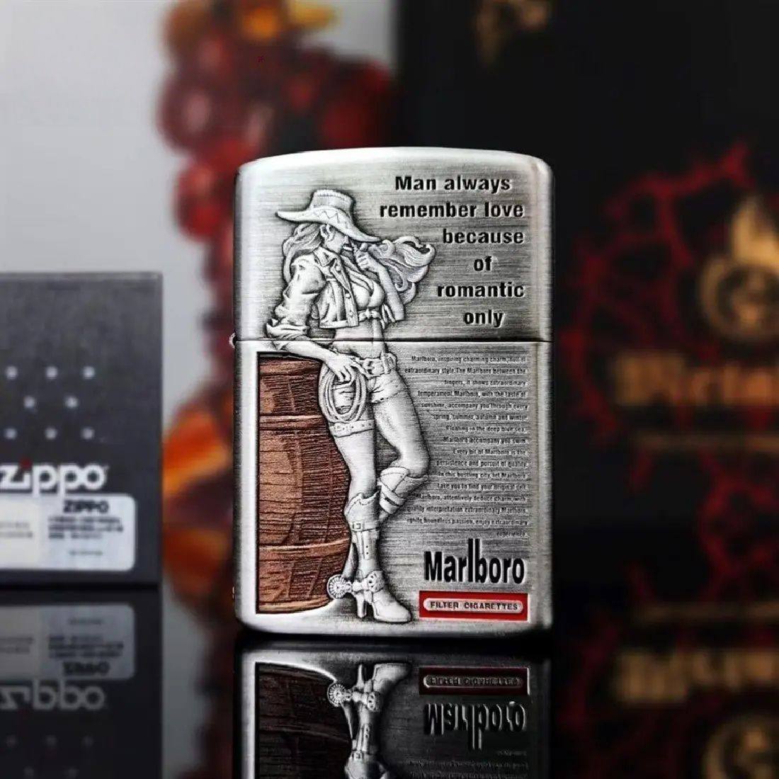 Zippo官方牛仔女郎千语工作室套壳机浮雕填漆高颜值煤油打火机zp