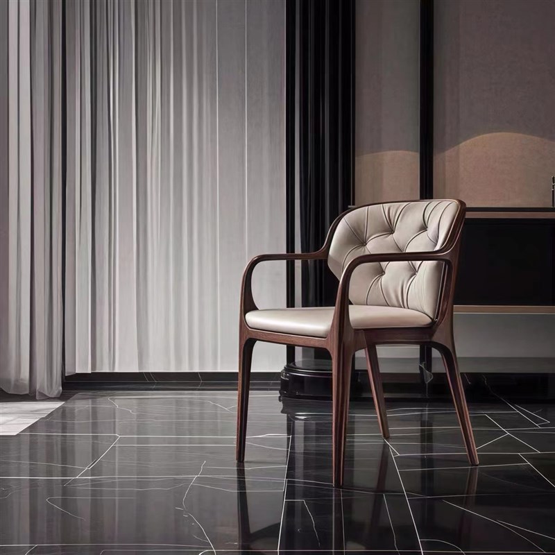 新中式北美黑胡桃木单p人餐椅实木茶桌椅子休闲椅真皮书桌椅客厅