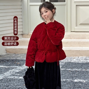 红色中式短款棉服中大童2025冬季新款洋气收腰拜年服丝绒棉外套潮