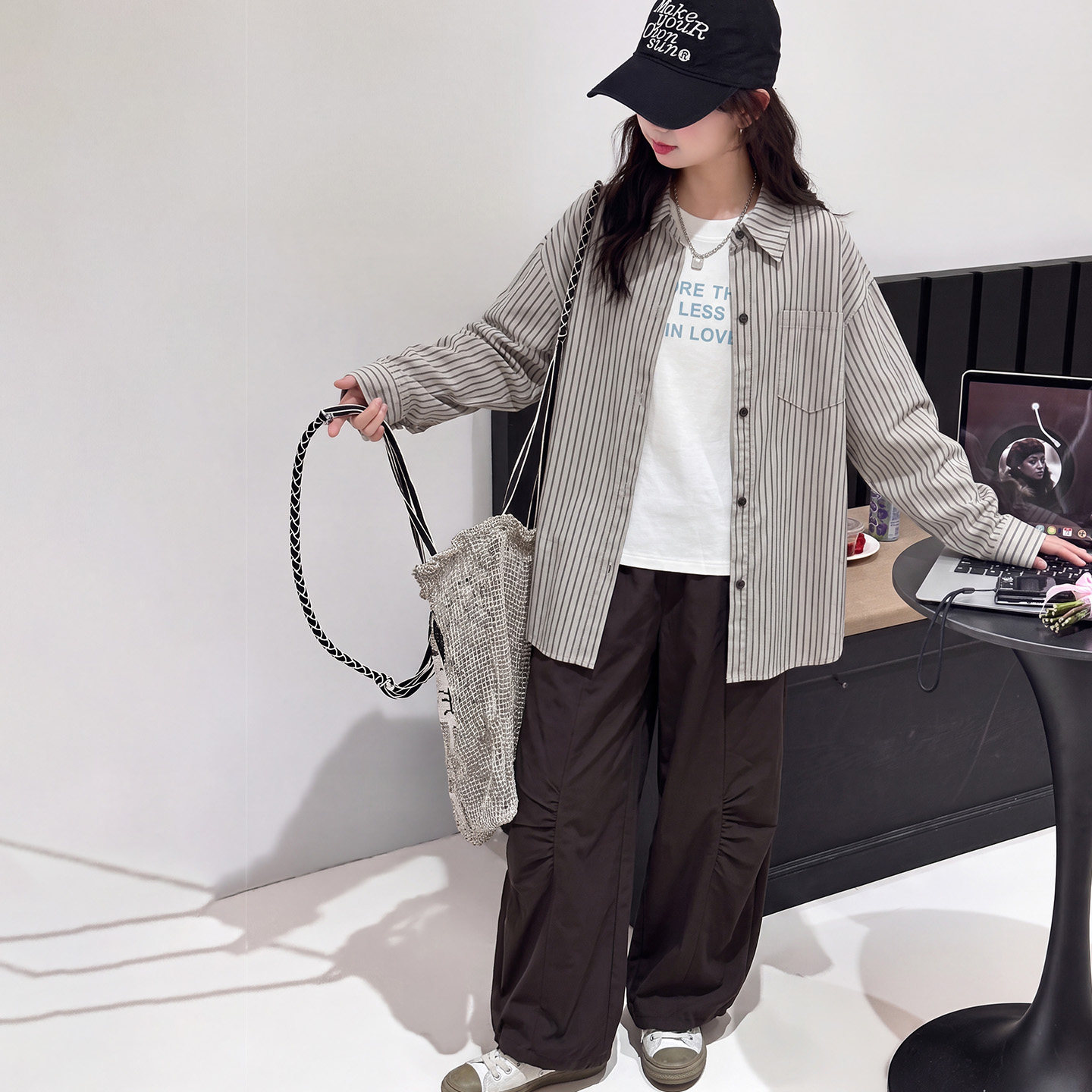 女童春秋条纹长袖衬衫三件套