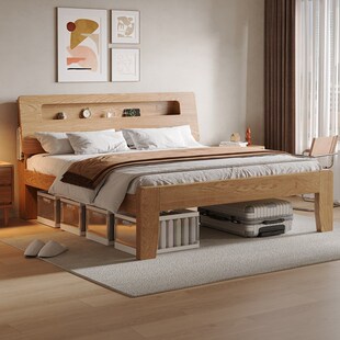 橡木高脚床实木床1米5主卧高端大气1.8米床离地高床底可储物床