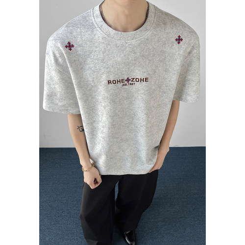 刺绣美式潮牌短袖T恤男士夏季青少年体恤上衣服t休闲宽松半袖男款