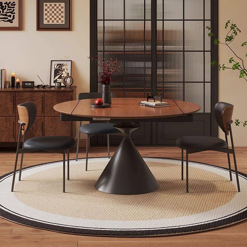 复古实木旋转伸缩餐桌中古风方圆两用法式奶油胡桃木色带转盘圆桌