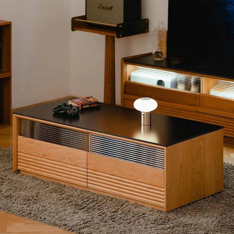 留岩茶几客厅实木落地茶桌樱桃木日式家用岩板小茶台餐桌两用