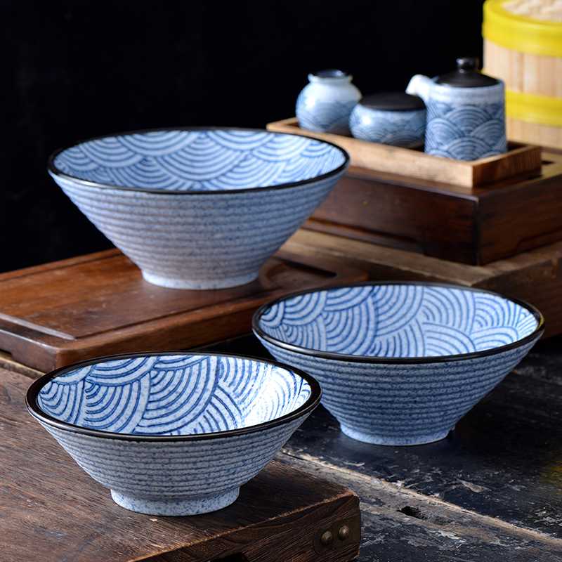 日式陶瓷青海波斗笠餐具7英寸9寸单个汤碗喇叭拉面碗日式家用瓷碗