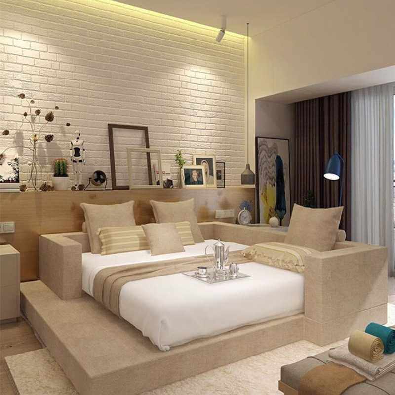 榻榻米轻奢布艺床卧室现代简约实木婚床双人床日式休闲北欧新款