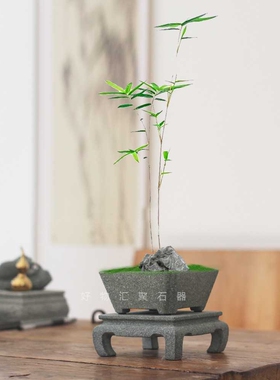 小青石盆石头文竹菖蒲盆中式禅意茶桌盆景手工绿豆青花盆其他