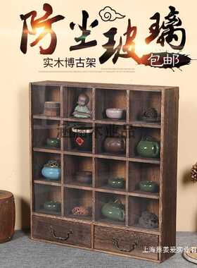 实木防尘茶杯架茶具架收纳柜茶壶架带玻璃博古架中式壁挂式挂墙