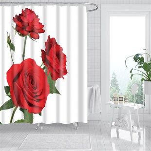 数码 印花红色玫瑰花朵涤纶浴帘卫生间洗澡干湿分离隔断帘浴室淋浴