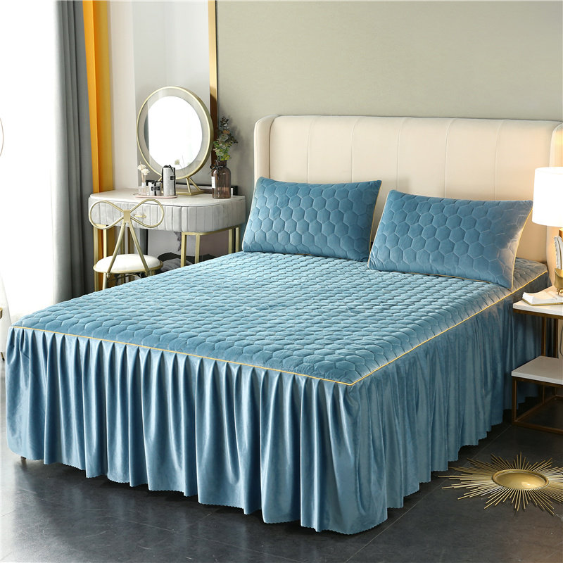 秋冬纯色床裙单件夹棉床罩法莱珊瑚绒三件套加厚双人床围裙