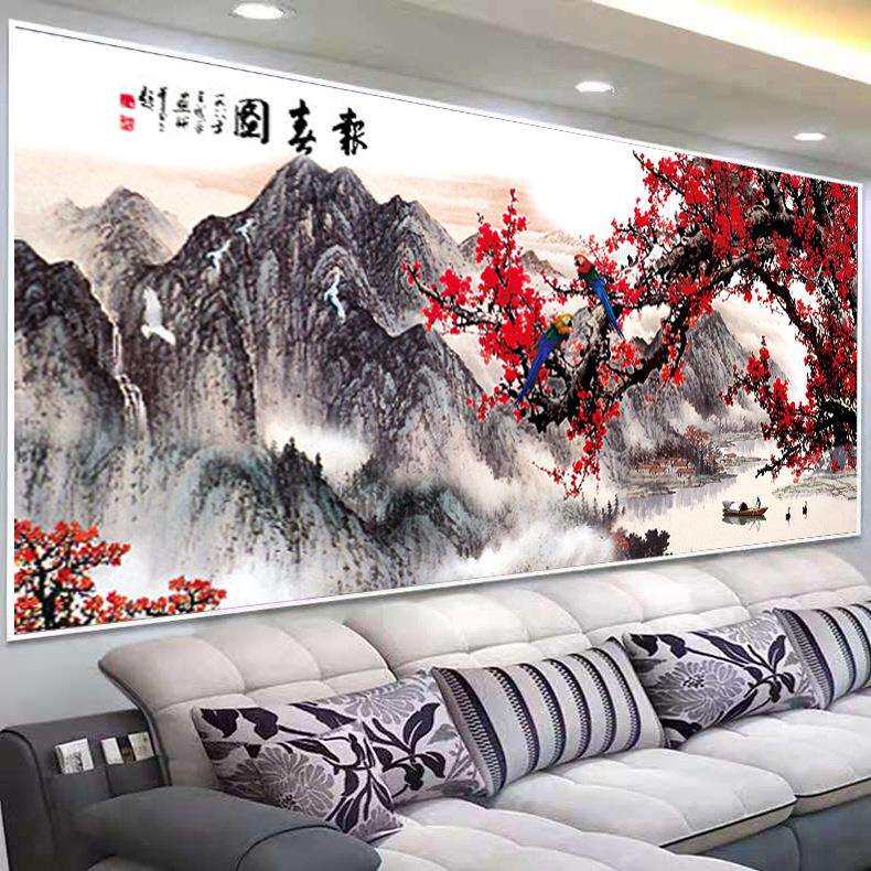 梅花报春图十字绣喜上眉梢线绣客厅大幅山水画手工绣满绣简约现代