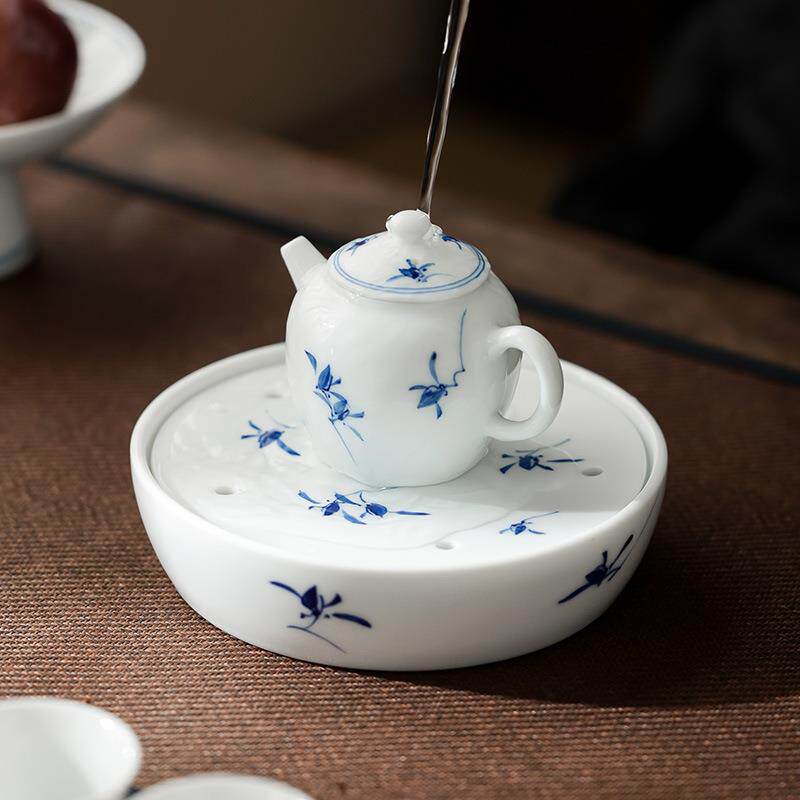 猪油白纯手绘干泡盘陶瓷双层储水茶盘中国白手工小茶盘羊脂玉茶盘