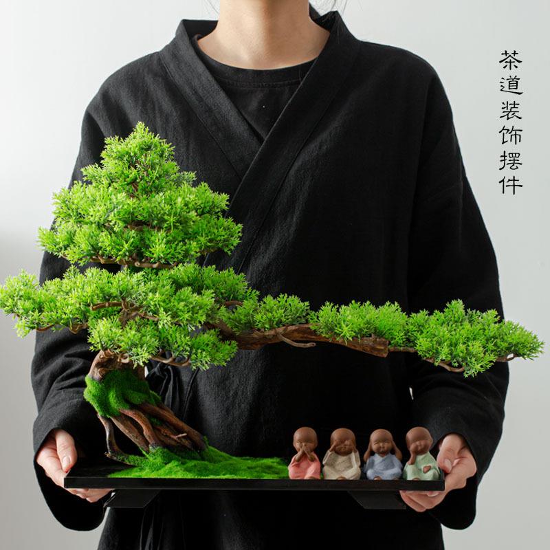 茶空间迎客松摆件中式禅意玄关茶桌装饰盆景风化木创意茶宠摆件