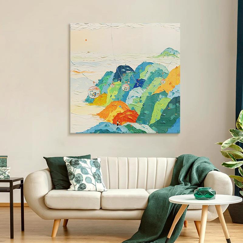 奶油风手绘油画丙烯肌理挂画抽象画玄关儿童房山峰风景客厅装饰画