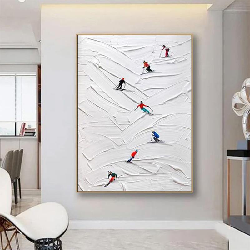 客厅手绘油画白色装饰画抽象立体厚肌理画成品玄关滑雪儿童房挂画