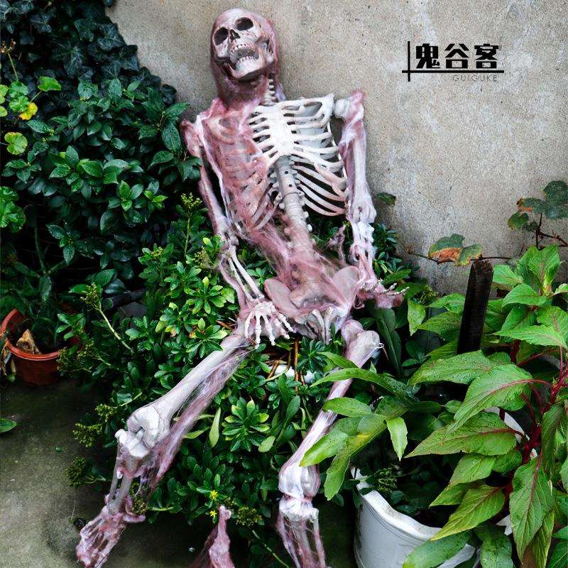 万圣节骷髅骨架仿真人体塑料骷髅鬼屋密室道具蜘蛛网骨架装饰