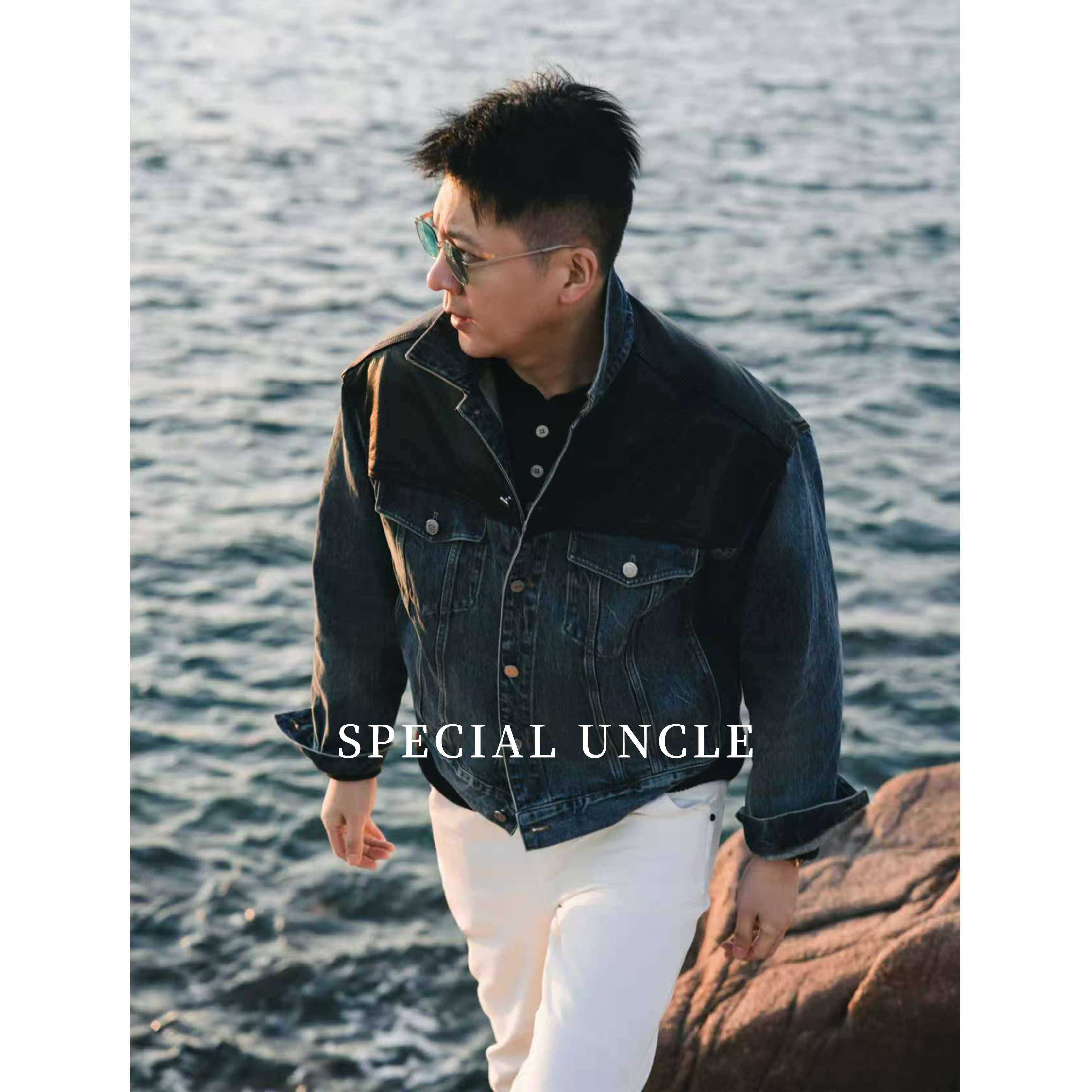 特叔时尚深蓝拼皮排扣复古衬衫牛仔夹克春秋外套休闲宽松短款美式,男装,牛仔外套,淘宝优惠券,粉丝福利购,淘宝优惠卷