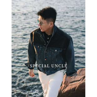 美式 牛仔夹克春秋外套休闲宽松短款 深蓝拼皮排扣复古衬衫 特叔时尚