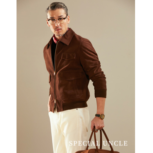 特叔豺狼日子羊皮衣夹克休闲复古翻领春秋简约棕色短款外套男装
