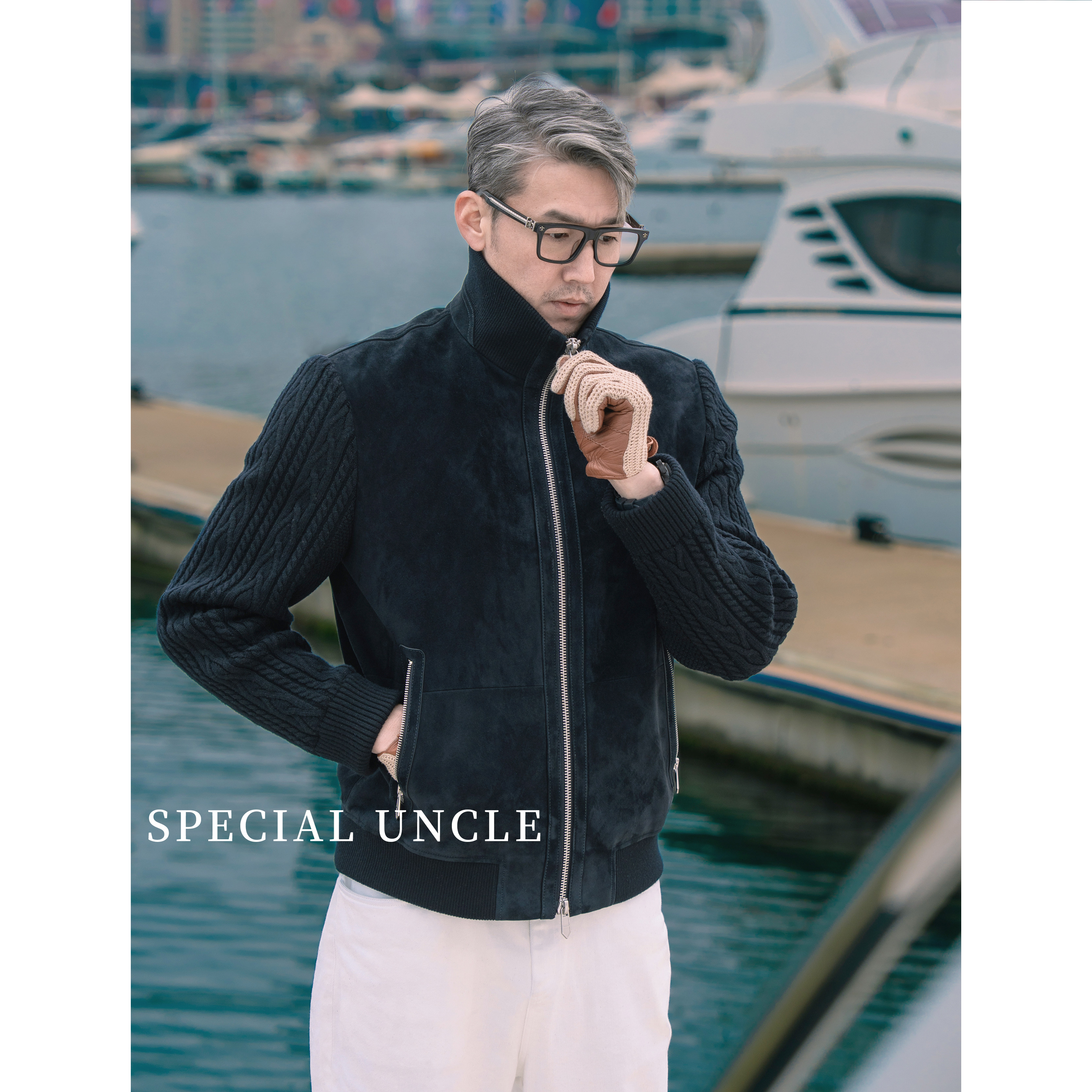 特叔BC蓝色针织拼接复古皮衣羊皮男士翻领外套修身男装春秋夹克