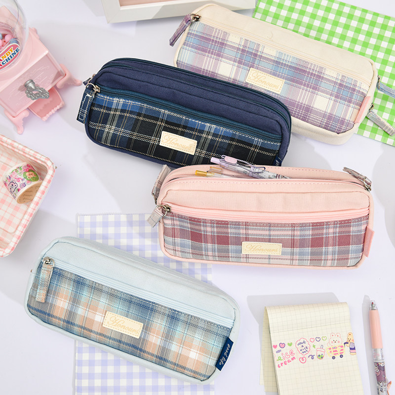 女生款三拉链笔袋可爱大容量学生文具袋清新多层收纳女孩帆布蓝色