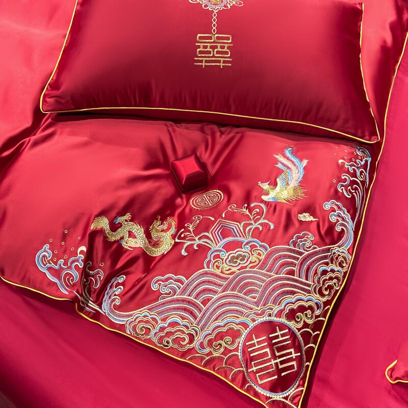 中式婚庆全棉四件套结婚大红色龙凤刺绣被套纯棉喜被婚房床上用品