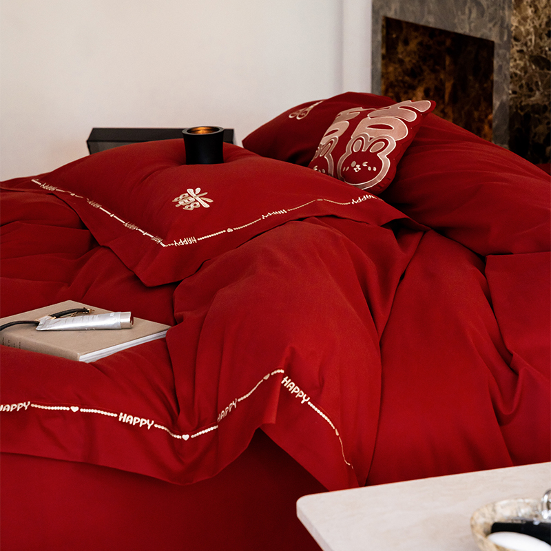 新中式婚庆纯棉全棉四件套100支磨毛红色被套床单结婚床上用品