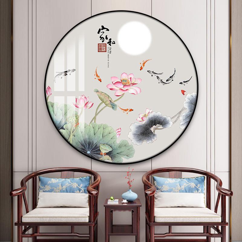 新中式圆形玄关酒店走廊过道九鱼图寓意好进门挂画锦鲤装饰画