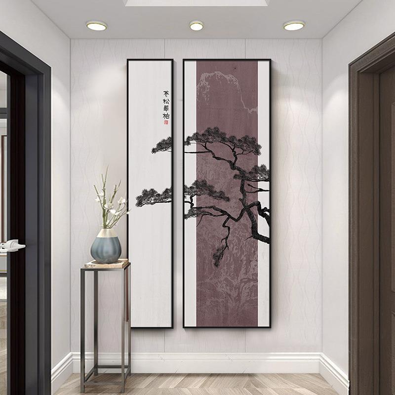 入户玄关装饰画走廊过道新中式山水挂画办公室茶室两联竖版墙壁画