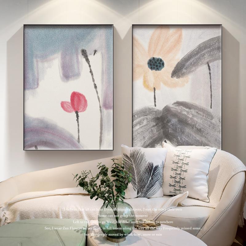 芙蓉并蒂 客厅新中式荷花艺术挂画餐厅轻奢壁画书房样板