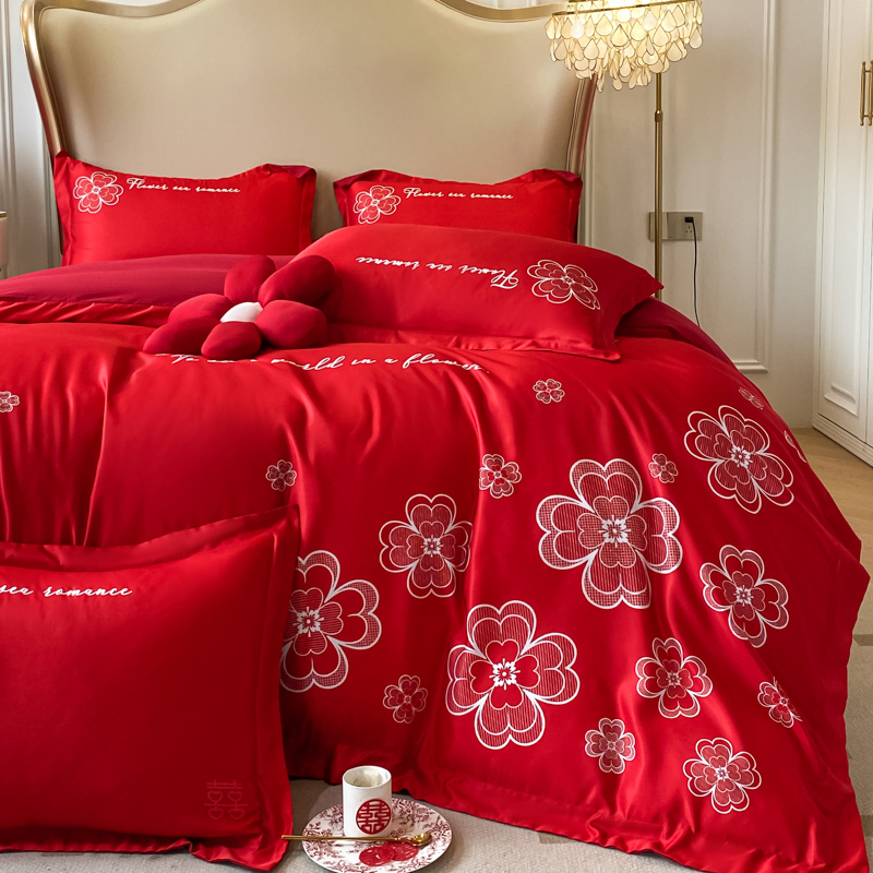 高档100支结婚四件套红色新婚庆喜被牀单被套纯棉牀上用品牀笠款4