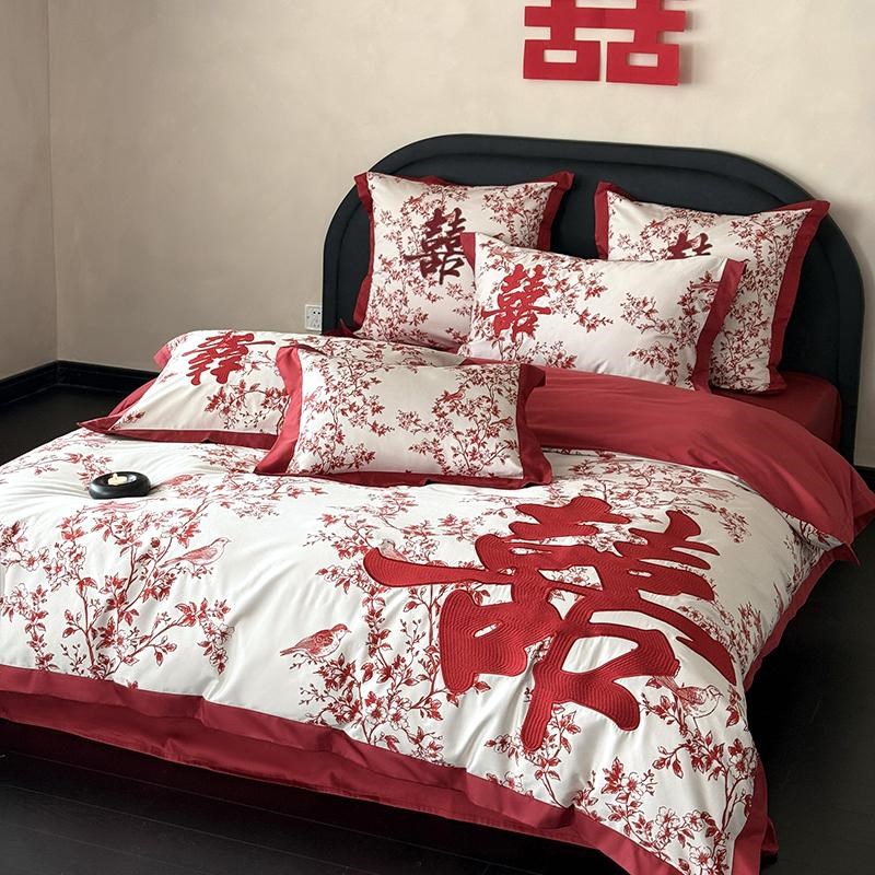新中式刺绣花鸟结婚庆全棉四件套100S棉红陪嫁床上喜被套床单