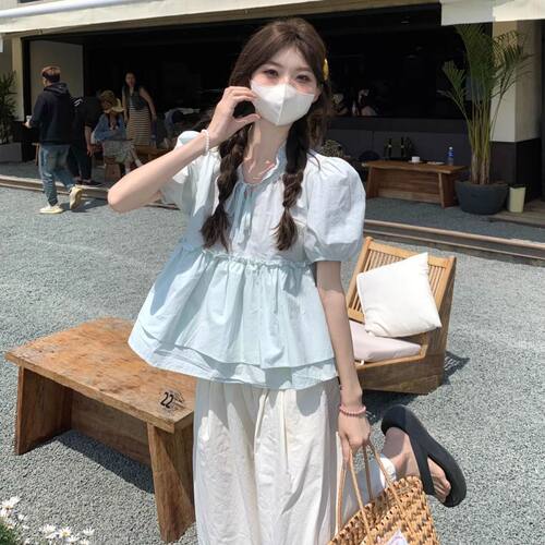 木耳边宽松减龄娃娃衫上衣夏季新款女装韩版泡泡袖短袖衬衫t恤