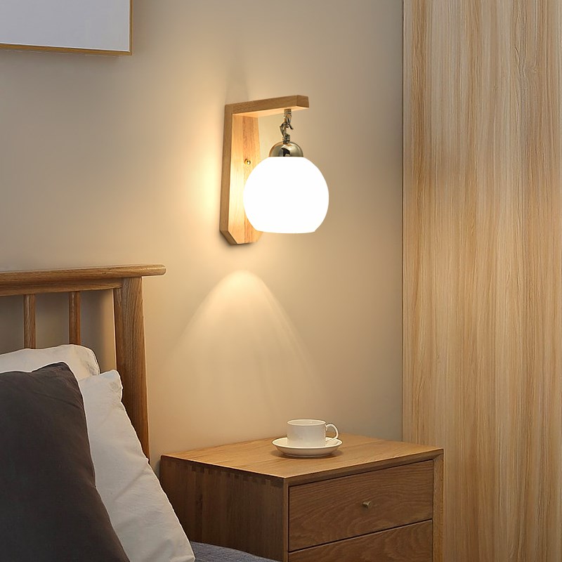壁灯北欧原木风卧室创意t现代简约实木床头客厅走廊过道木艺灯具
