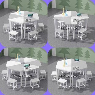 学生团体活动桌椅组合浅灰白色梯形阅览桌培训机构六边形拼接桌子