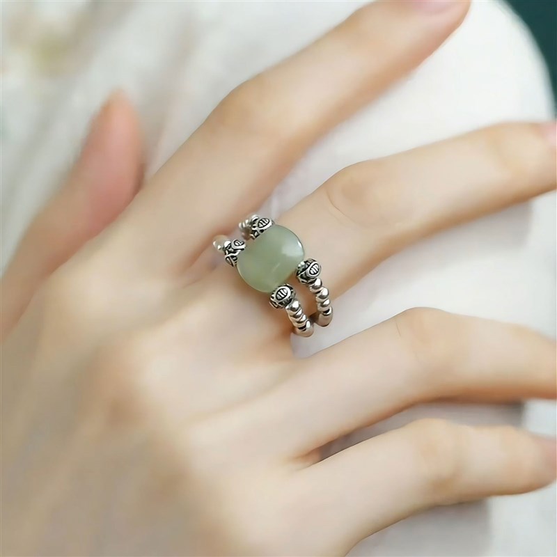 钰鱼纹珠925银戒指新中式国风复古高级感双层弹力绳Y轻奢百搭指环